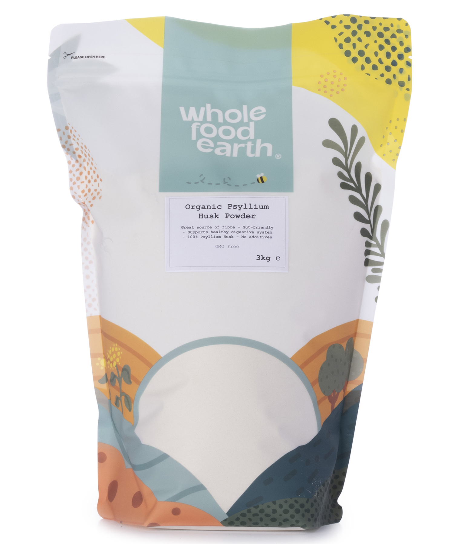 Organic Psyllium Husk Powder from Whole Food Earth, 3kg, in a clear bag showing fine, light tan psyllium husk powder.
