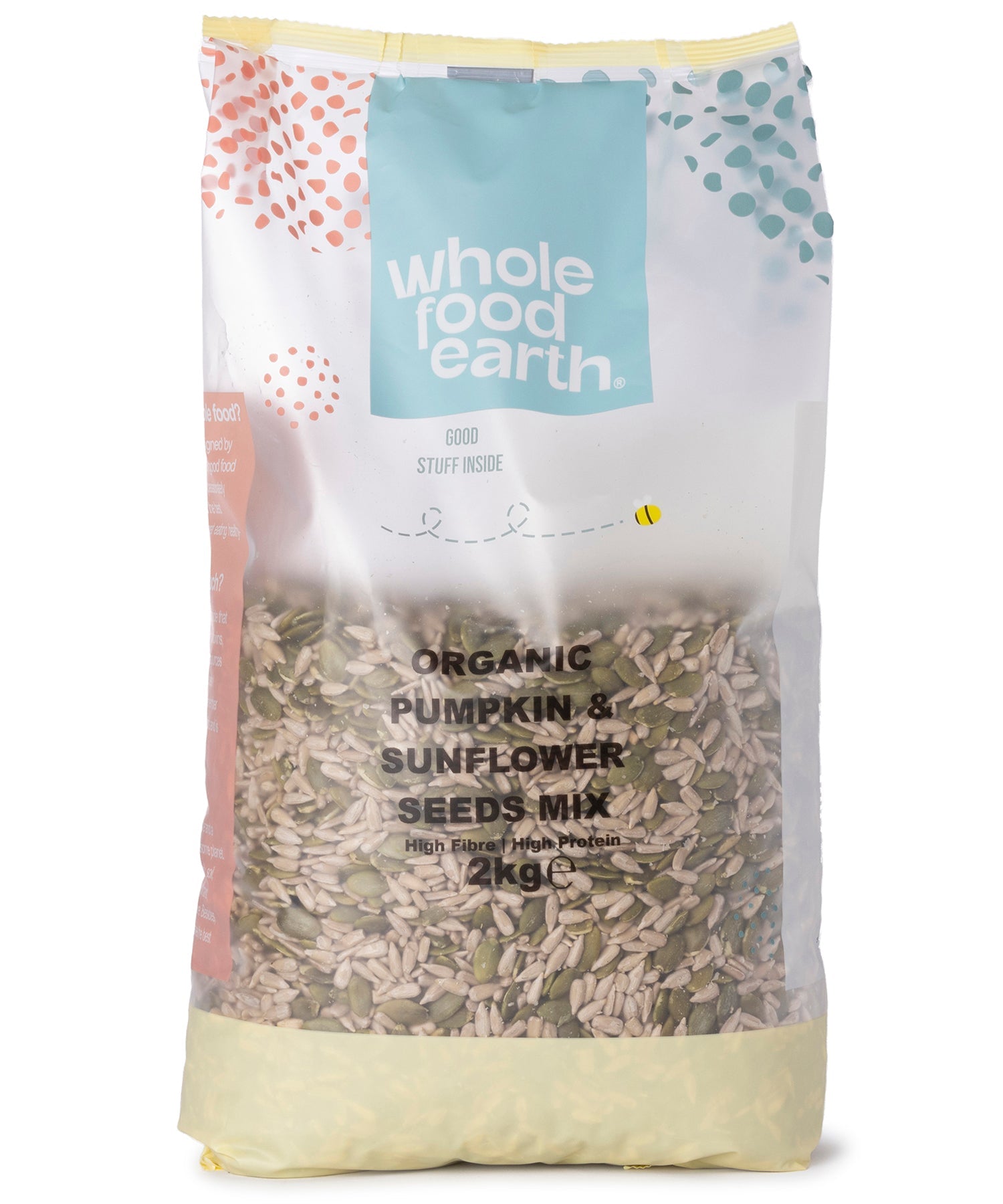 Organic pumpkin and sunflower seeds mix by Whole Food Earth, showing a close-up of the mixed seeds in a clear container.