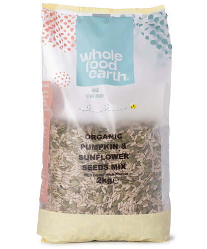 Organic pumpkin and sunflower seeds mix by Whole Food Earth, showing a close-up of the mixed seeds in a clear container.