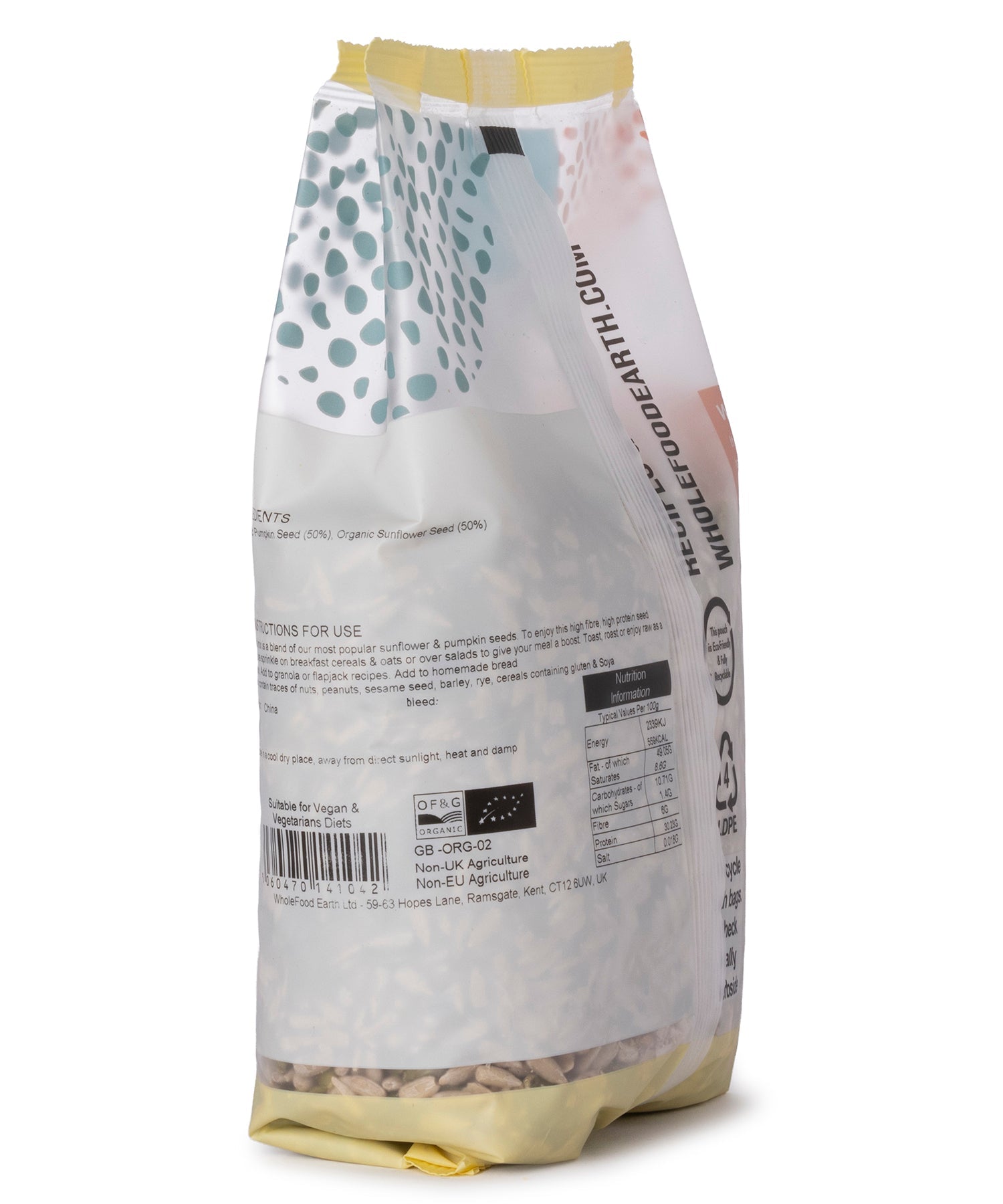 Organic pumpkin and sunflower seeds mix by Whole Food Earth, showcasing a colorful blend of nuts and seeds in a 500g package.
