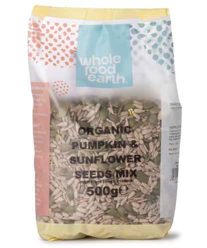 Organic pumpkin and sunflower seeds mix in a clear resealable bag, featuring a blend of orange pumpkin seeds and yellow sunflower seeds.