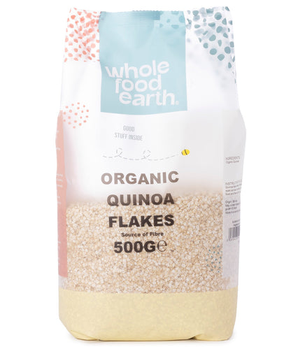 Organic quinoa flakes cereal by Whole Food Earth in a 500g package, showing the light, flaky quinoa grains in a clear bowl.