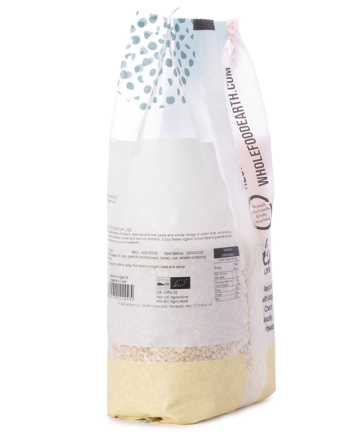 Organic quinoa flakes cereal from Whole Food Earth, showing a close-up of the light, fluffy flakes in a bowl.