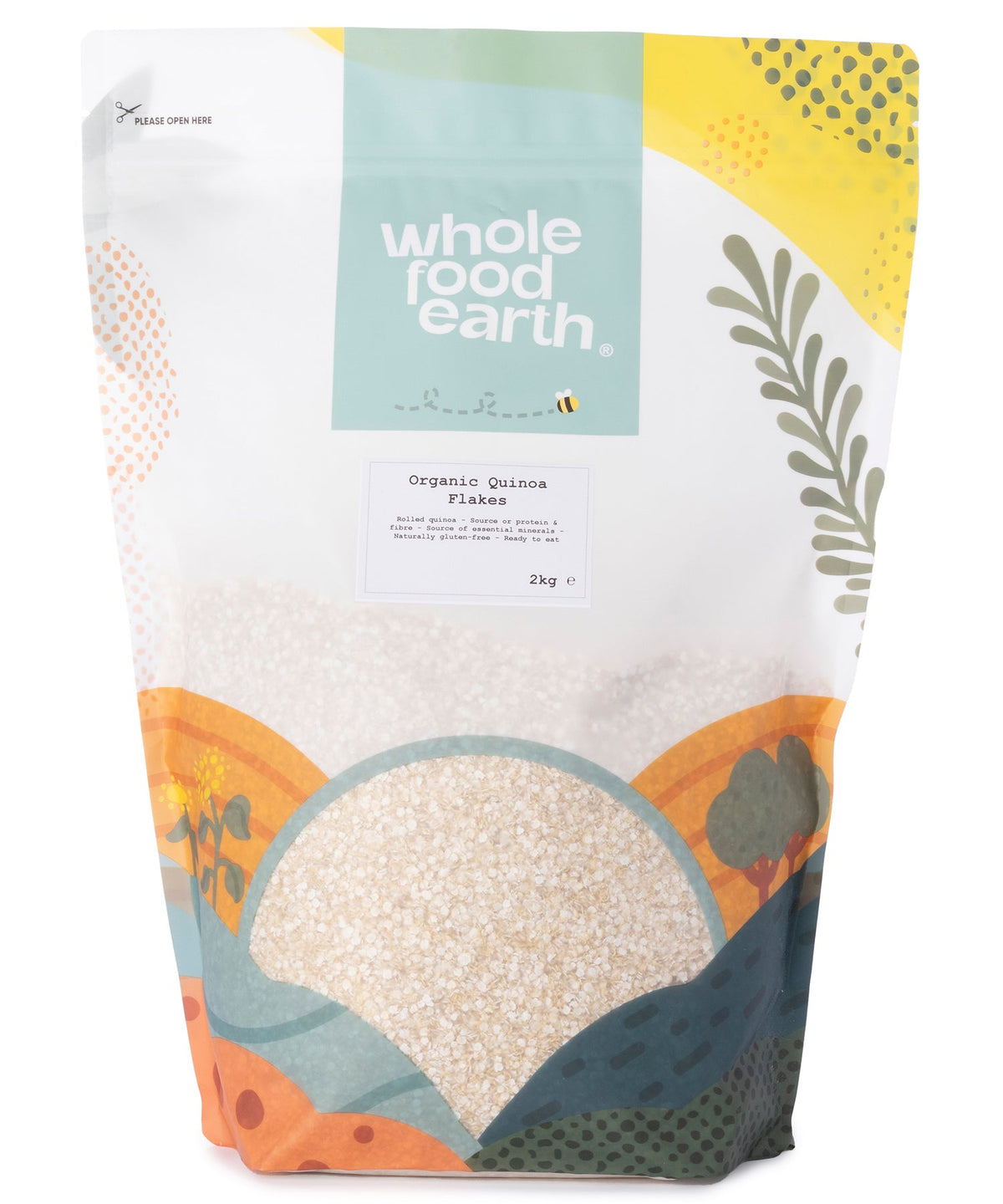 Organic quinoa flakes in a 2kg package from Whole Food Earth, showing the cereal's light, flaky texture and natural appearance.