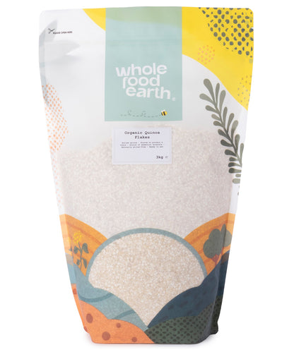 Organic quinoa flakes cereal from Whole Food Earth in a 3kg package, showing fluffy, natural quinoa flakes in a clear bowl.