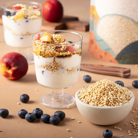 Organic quinoa puffs from Whole Food Earth in a bowl, served as a healthy cereal with fresh fruit and milk.