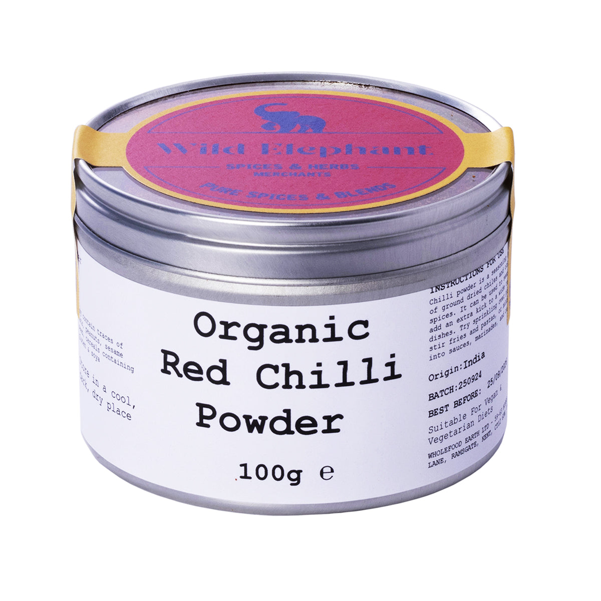 Organic Red Chilli Powder from Whole Food Earth, a vibrant red spice in a 100g package, shown in a close-up image.
