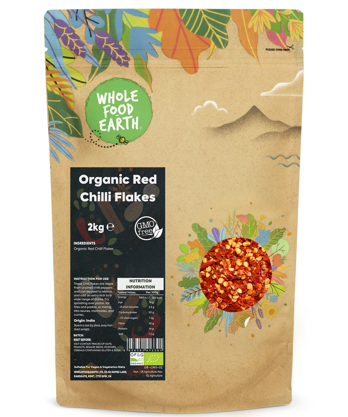 Organic red chilli flakes from Whole Food Earth, 2kg, close-up of vibrant dried red chilli flakes on a white background.
