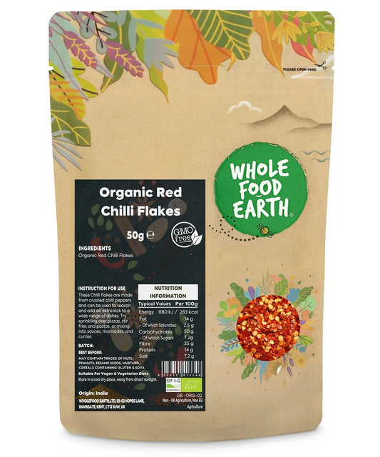 Organic red chilli flakes in a 50g package from ArtisanBox, featuring vibrant red dried chilli flakes for spicy flavor.