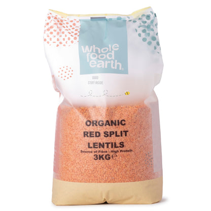 Organic red split lentils from Whole Food Earth, showing bright orange, split pulses in a clear container.