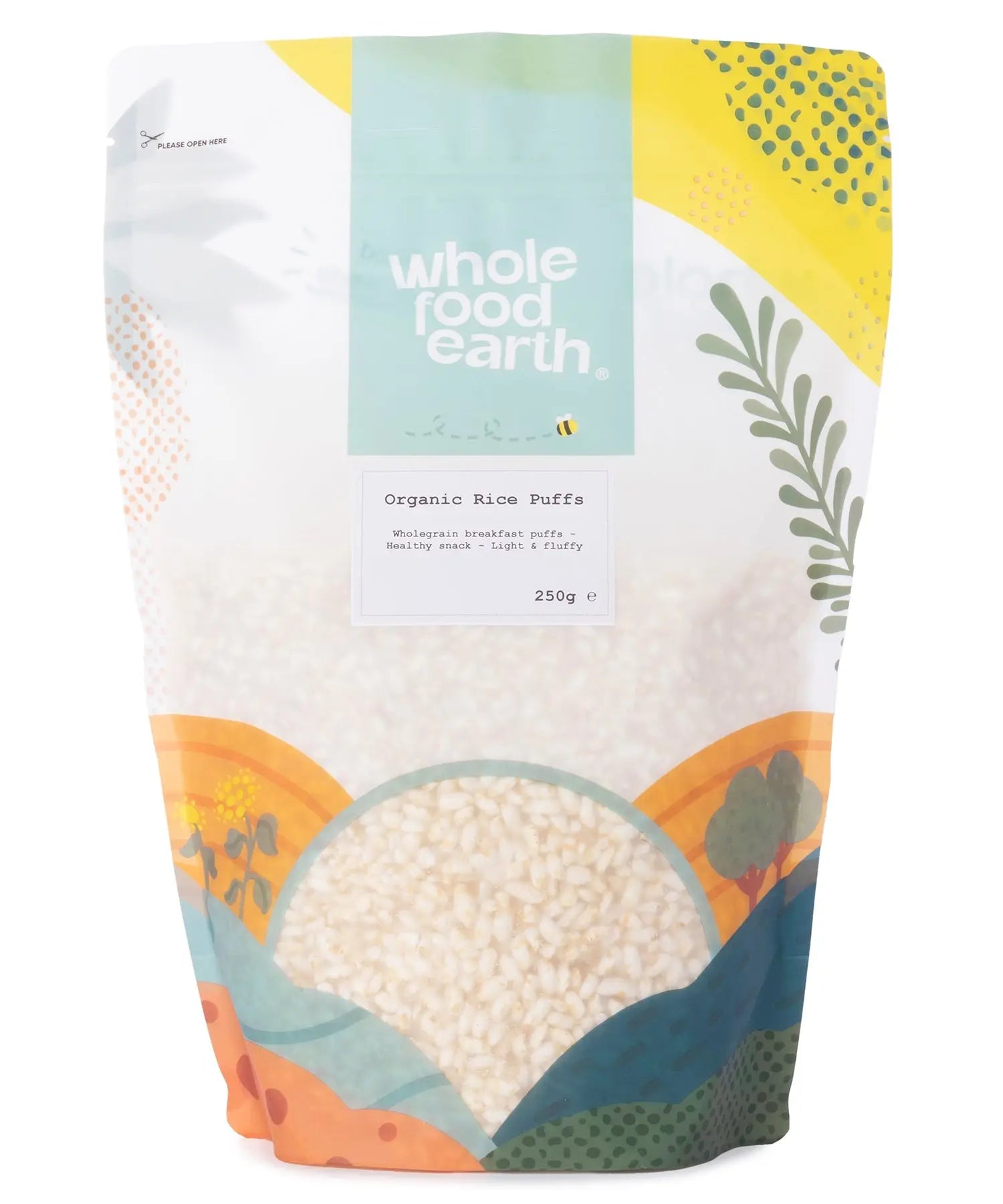 Organic rice puffs from Whole Food Earth, showing a bowl of light, crispy rice cereal grains on a neutral background.