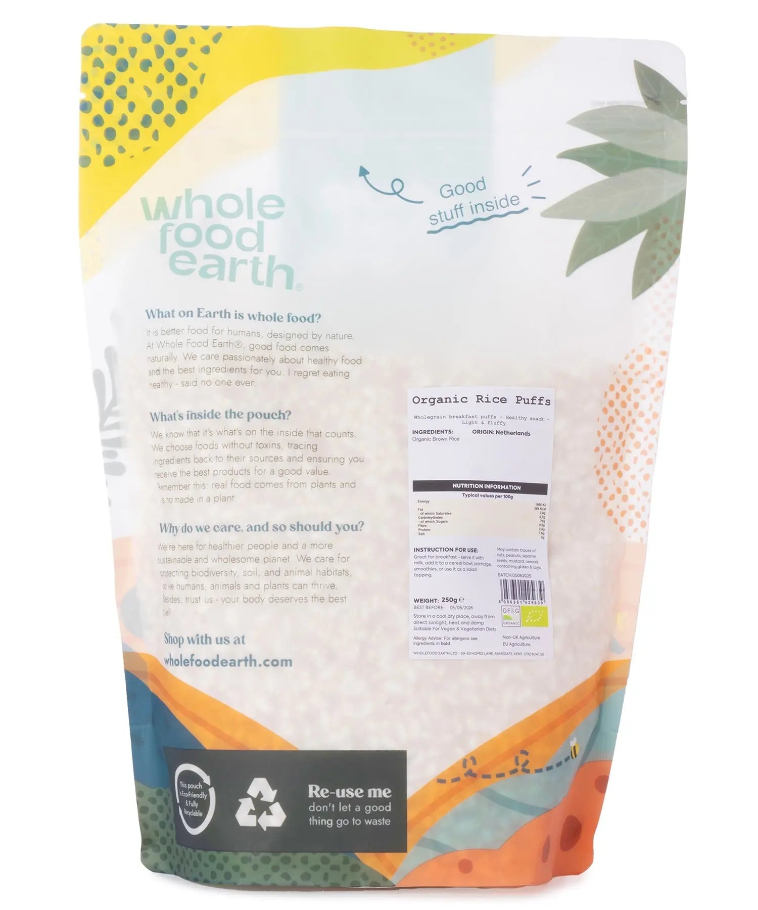 Organic rice puffs from Whole Food Earth in a 250g package, showing light, puffed rice grains ready to eat.