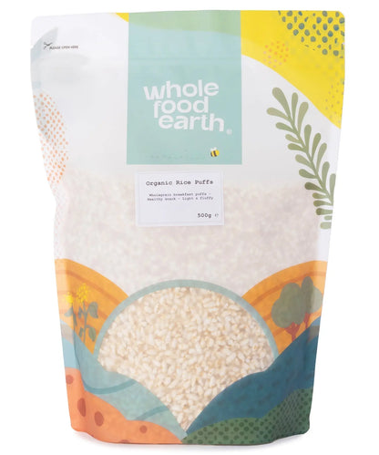 Organic Rice Puffs by Whole Food Earth in a 500g package, showing a close-up of light, airy rice cereal grains.