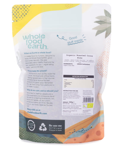 Organic roasted cocoa nibs in a 500g package, natural baking and cooking ingredient from Whole Food Earth.