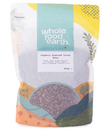 Organic roasted cocoa nibs in a 500g package from Whole Food Earth, used as cooking and baking ingredients.