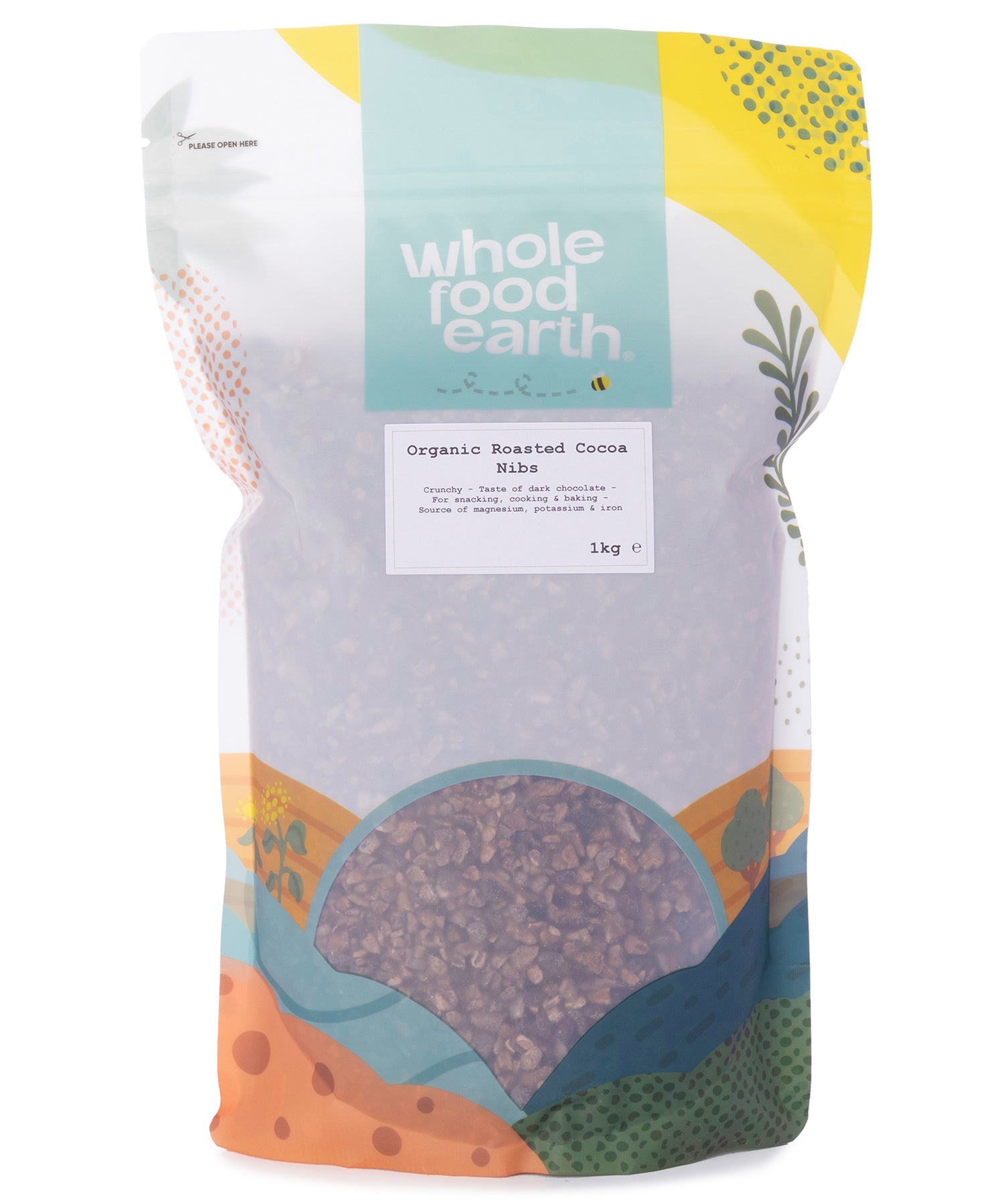 Organic roasted cocoa nibs from Whole Food Earth, 1kg, a natural cooking and baking ingredient with crunchy chocolatey flavor.