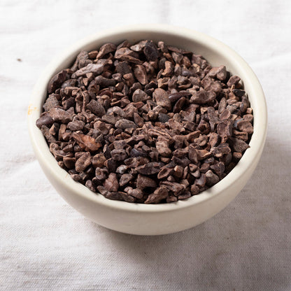 Organic roasted cocoa nibs from Whole Food Earth, natural baking and cooking ingredient with crunchy cocoa flavor.