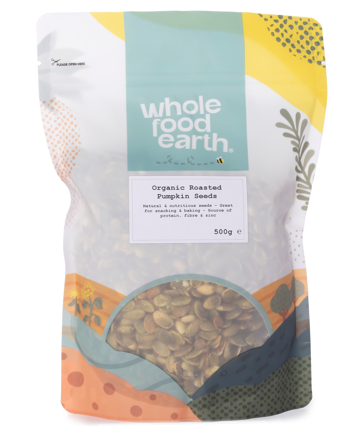 Organic roasted pumpkin seeds from Whole Food Earth, showing a close-up of crunchy, golden pumpkin seeds in a 500g package.