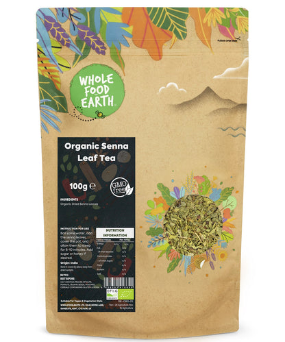 Organic Senna Leaf Tea in a 100g package, showcasing fresh, dried herb leaves from Whole Food Earth for herbal tea brewing.