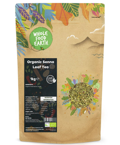 Organic Senna Leaf Tea from Whole Food Earth, 1kg, showing dried senna leaves in a clear container.