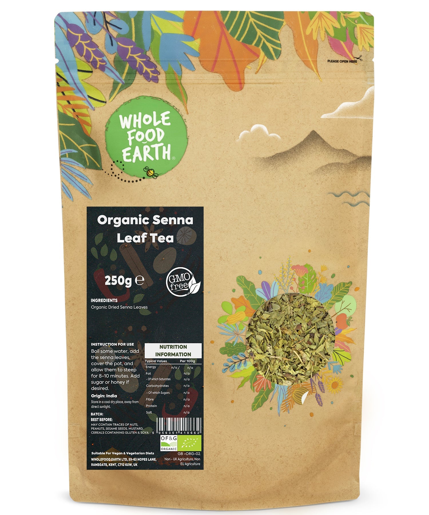 Organic Senna Leaf Tea in a 250g package from Whole Food Earth, showing dried senna leaves in a clear container.