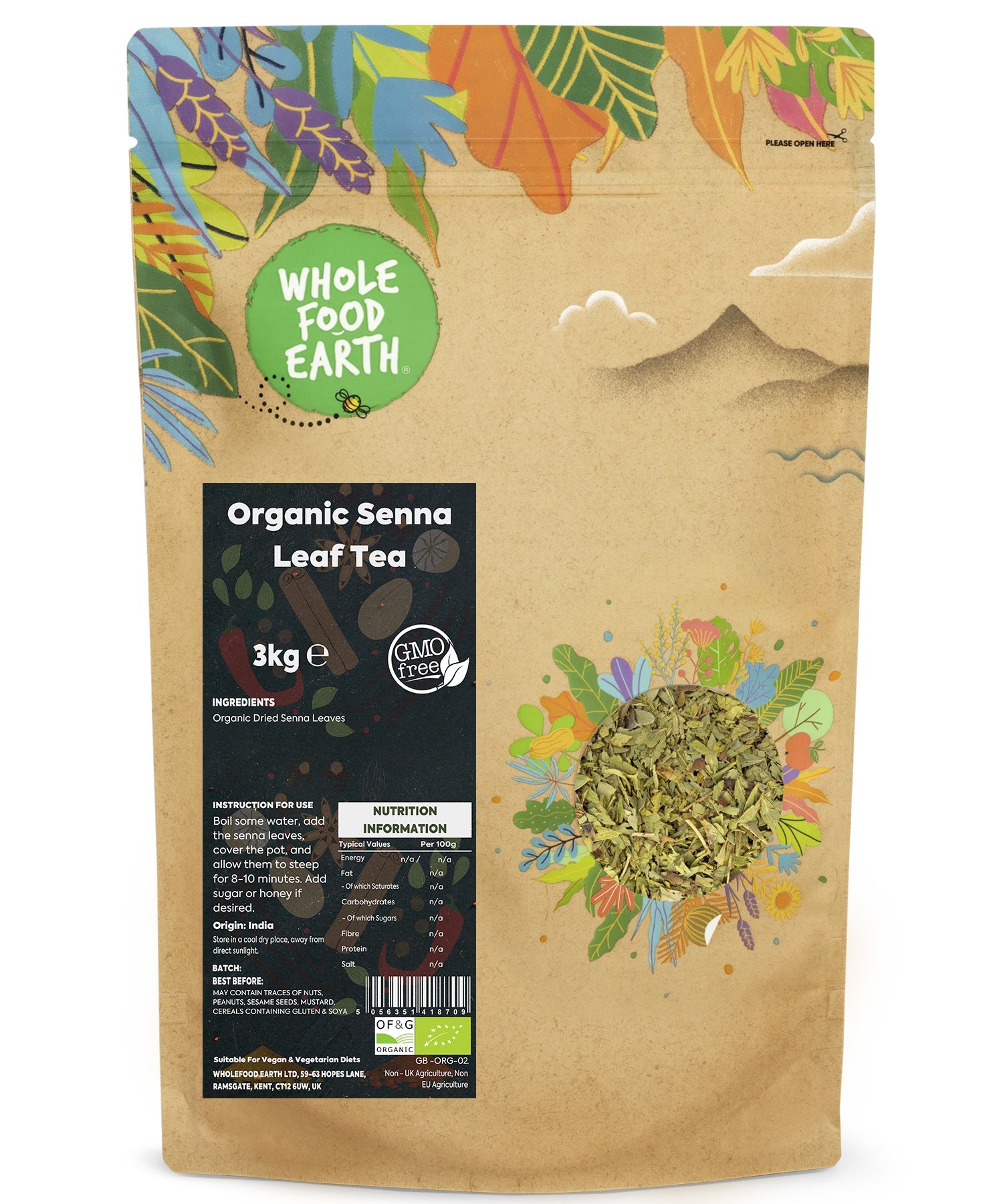 Organic Senna Leaf Tea in a 3kg package from Whole Food Earth, showcasing dried senna leaves for herbal tea.