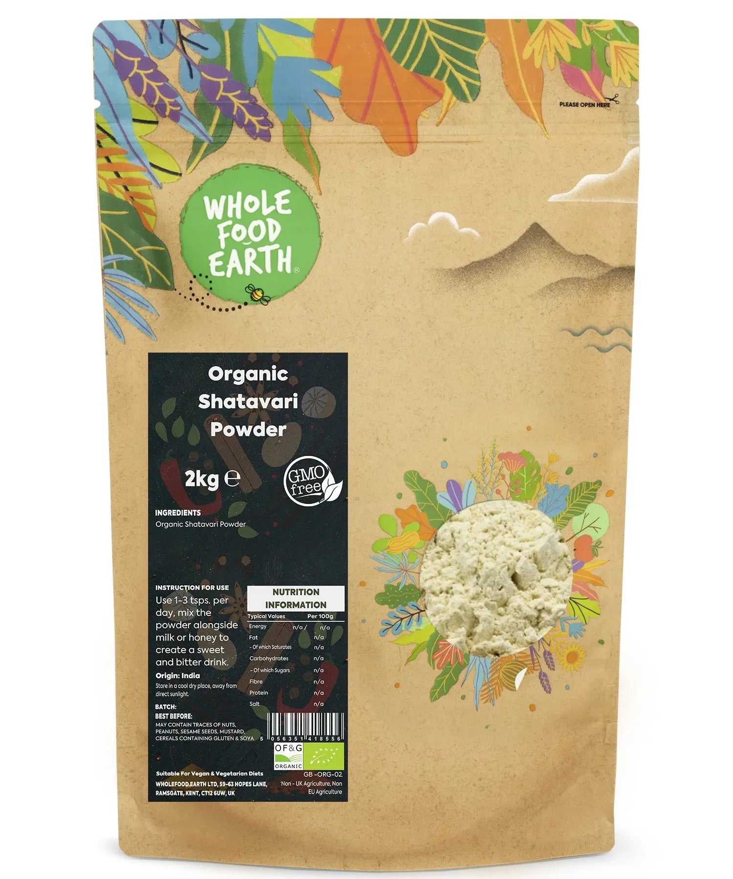Organic Shatavari powder in a 2kg bag, a natural herbal spice from Whole Food Earth, used for health and wellness.