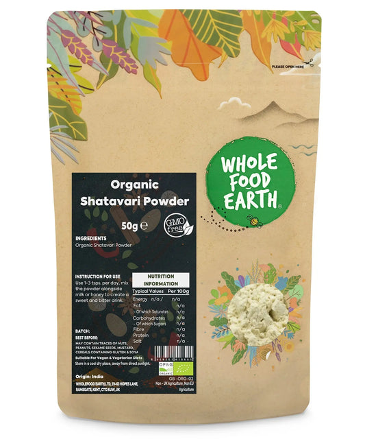 Organic Shatavari powder by ArtisanBox in a clear jar, showing the fine, light-colored powdered herb on a neutral background.