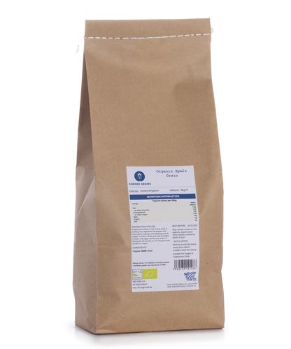 Organic spelt grain from Whole Food Earth, showing a 1kg bag of organic spelt grains for healthy cooking and baking.