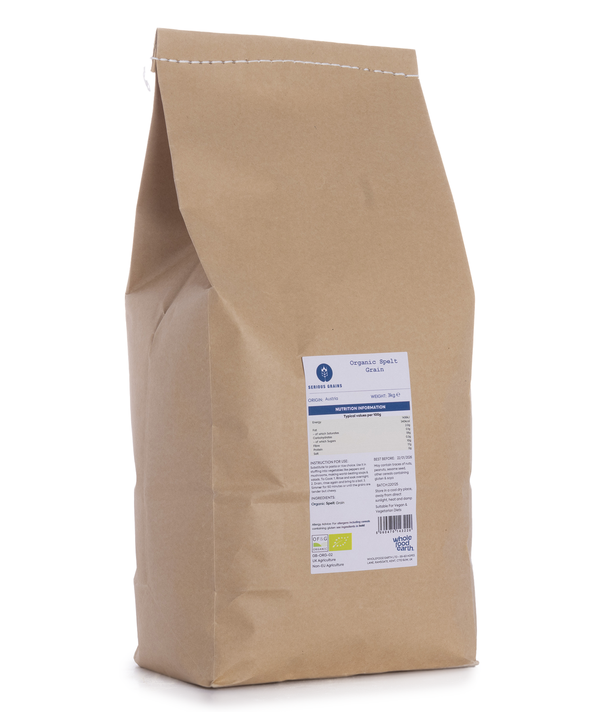 Organic spelt grain from Whole Food Earth, 3kg bag, showing plump, golden spelt grains ideal for baking and cooking.
