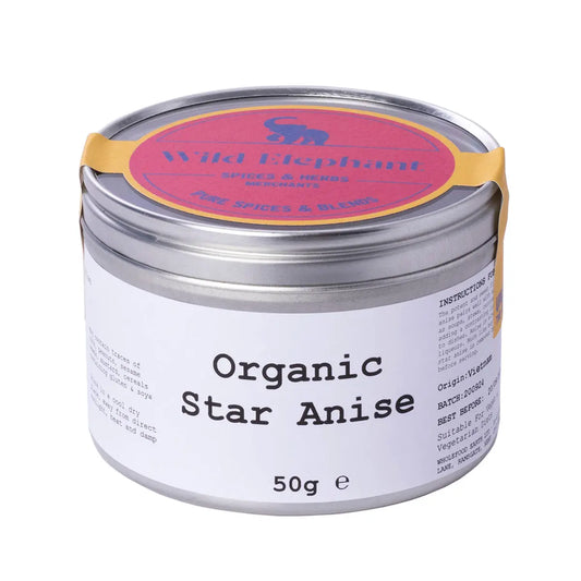 Organic star anise from Wild Elephant, 50g, showing whole star-shaped spice with rich brown color and natural organic appearance.