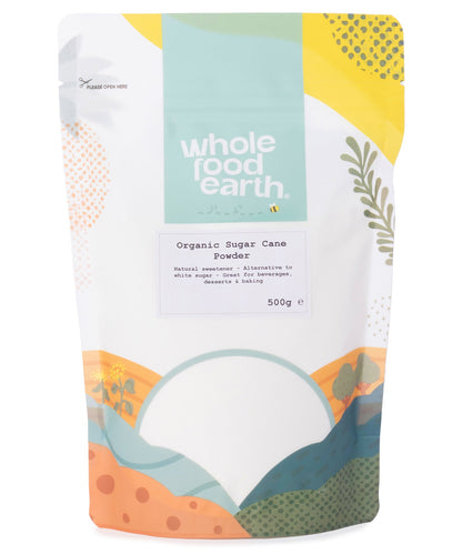 Organic Sugar Cane Powder from Whole Food Earth, showing a 500g bag of natural sugar and sweetener in clear packaging.