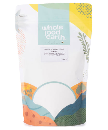 Organic sugar cane powder from Whole Food Earth, shown in a 1kg package, natural sweetener for baking and beverages.