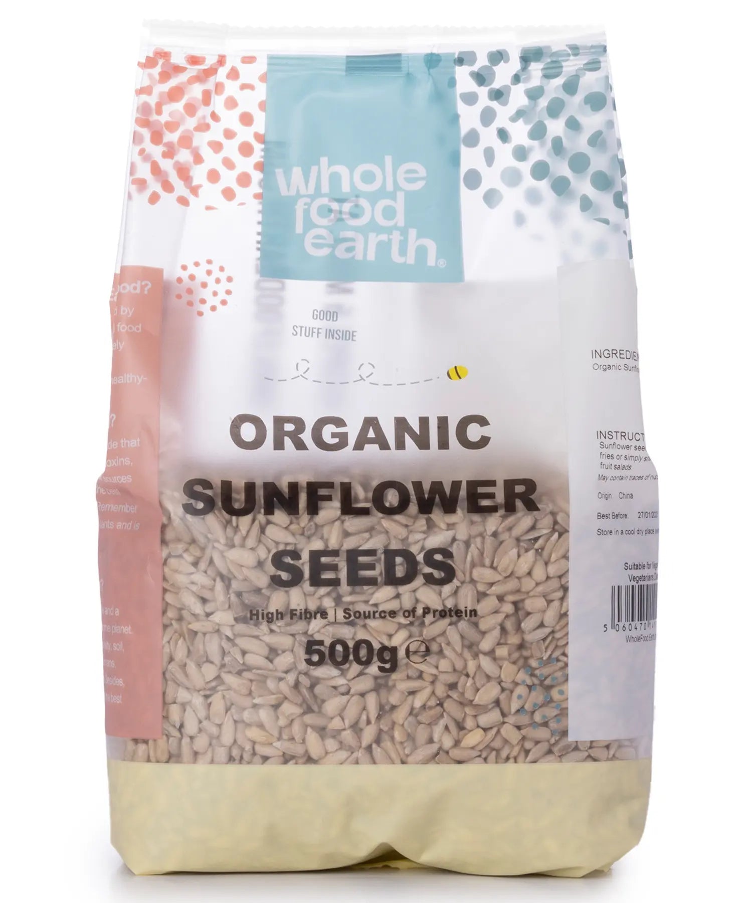Organic sunflower seeds from Whole Food Earth, 500g package, showing fresh, whole sunflower seeds suitable for snacking or baking.