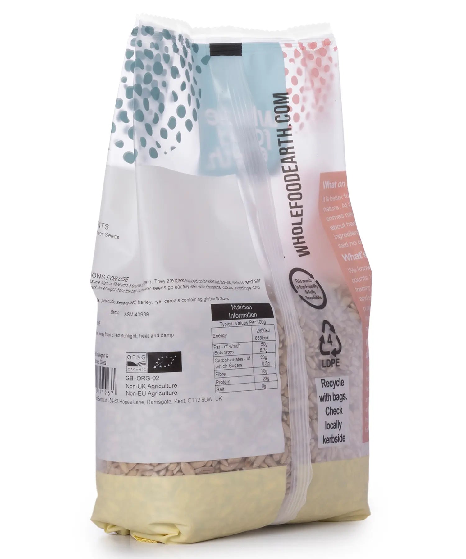 Organic sunflower seeds from Whole Food Earth, 500g package, showing fresh, shelled sunflower seeds in a clear container.