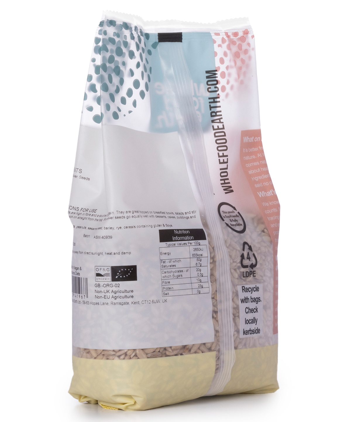 Organic Whole Food Earth sunflower seeds, 500g, a close-up of fresh, raw sunflower seeds in a clear container.