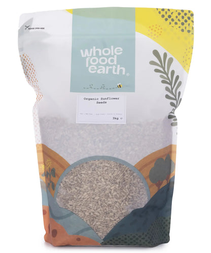 Organic sunflower seeds from Whole Food Earth, a 3kg bag of nutritious nuts and seeds with fresh, natural sunflower seeds.