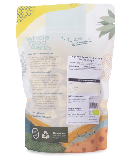 Organic sweetened dried banana chips from Whole Food Earth, golden banana slices in a clear bag, ready for snacking or baking.