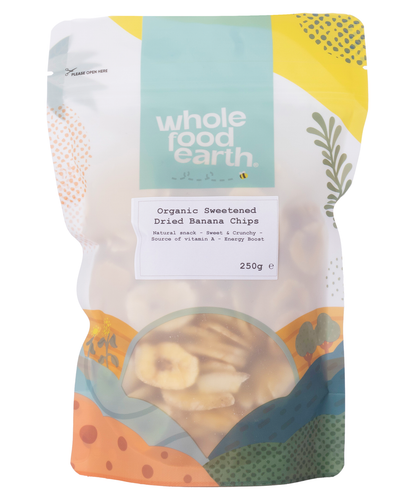 Organic sweetened dried banana chips from Whole Food Earth, colorful dried fruit slices on a white background.