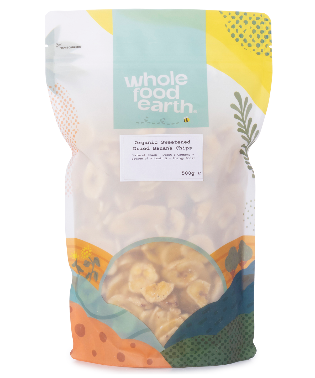 Organic sweetened dried banana chips from Whole Food Earth, showing golden banana slices in a clear bowl.