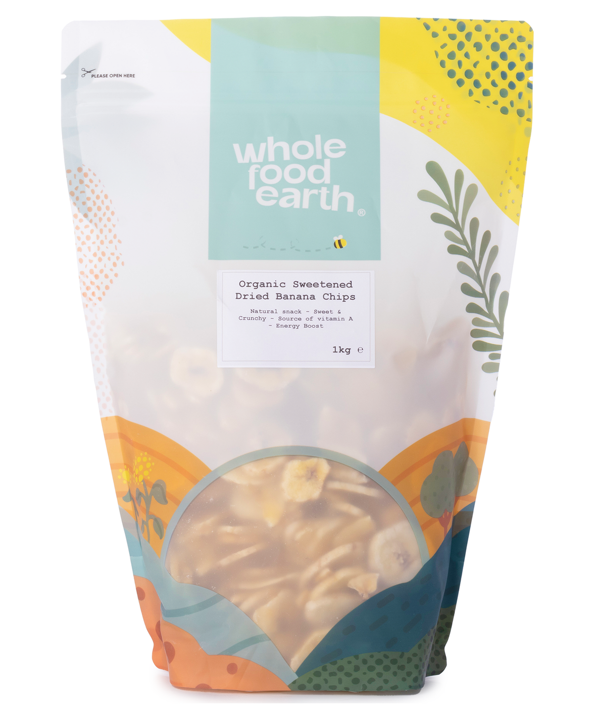 Organic sweetened dried banana chips from Whole Food Earth, showing golden banana slices in a clear bag.