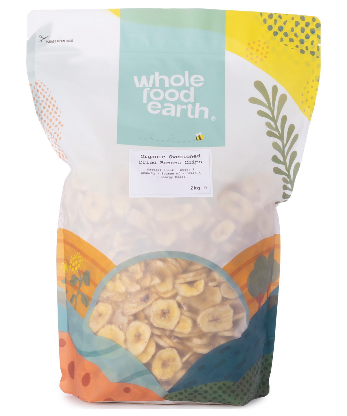 Organic sweetened dried banana chips from Whole Food Earth, showing golden banana slices in a resealable bag.