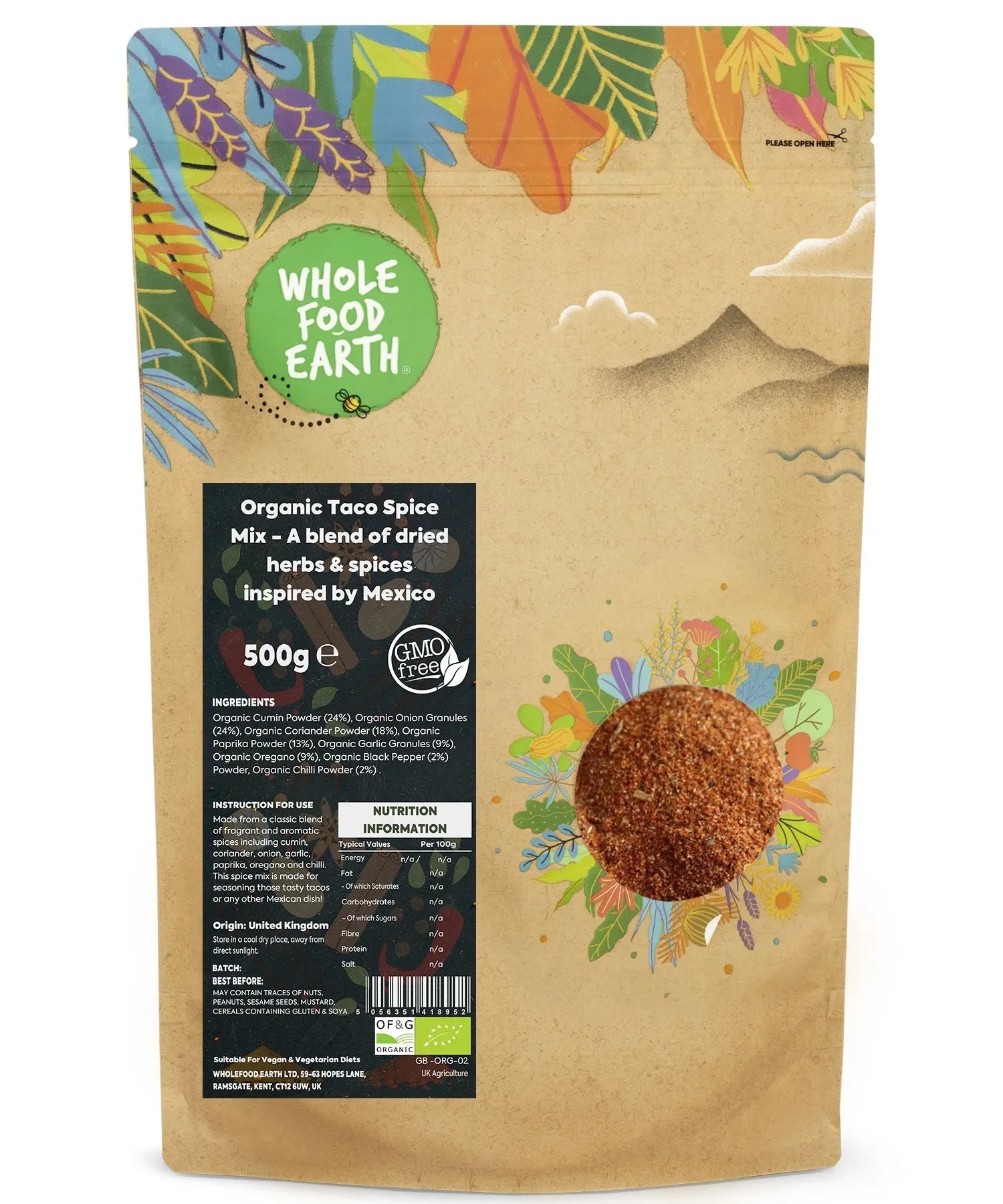 Organic Taco Spice Mix by Whole Food Earth with dried herbs and spices inspired by Mexico, 500g container.
