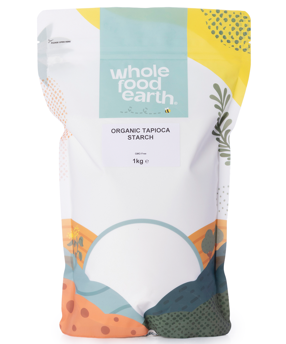 Organic tapioca starch by Whole Food Earth, 1kg bag, fine white flour used for cooking and baking, gluten-free and natural.