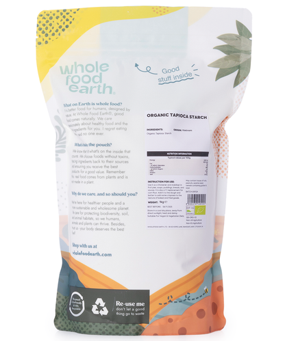 Organic Whole Food Earth tapioca starch in a 1kg bag, gluten-free flour made from natural tapioca pearls.