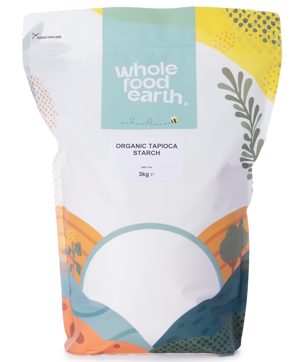 Organic tapioca starch in a 3kg bag from Whole Food Earth, showing the white powder texture and packaging.