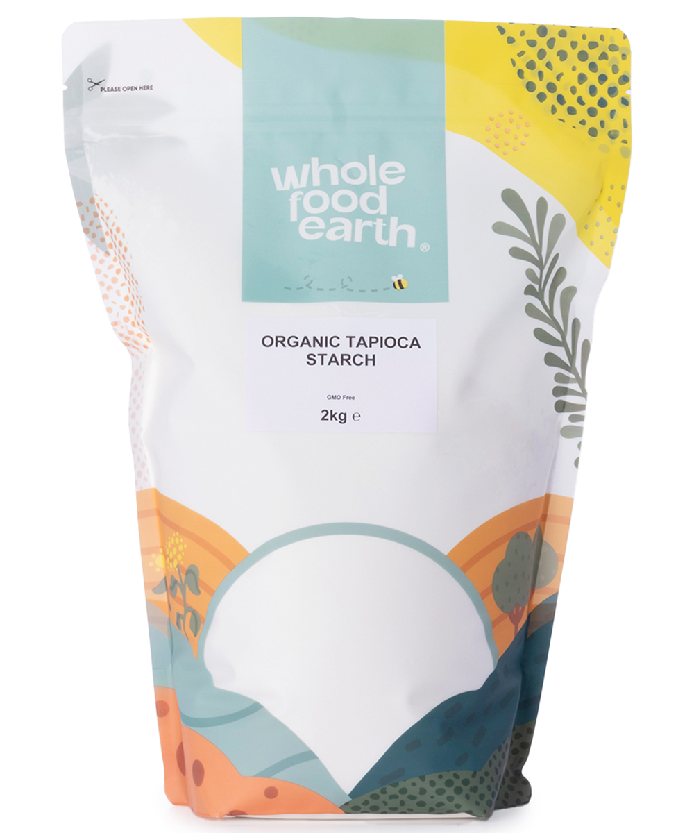 Organic tapioca starch in a 2kg bag from Whole Food Earth, showing the white powder inside a clear bag.