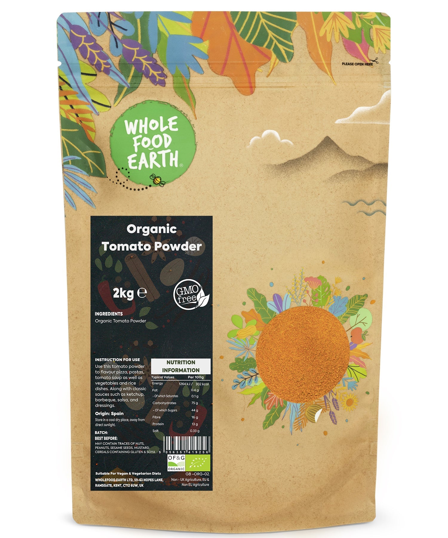 Organic tomato powder from Whole Food Earth in a clear jar, showing vibrant red dried tomato flakes for herbs and spices.