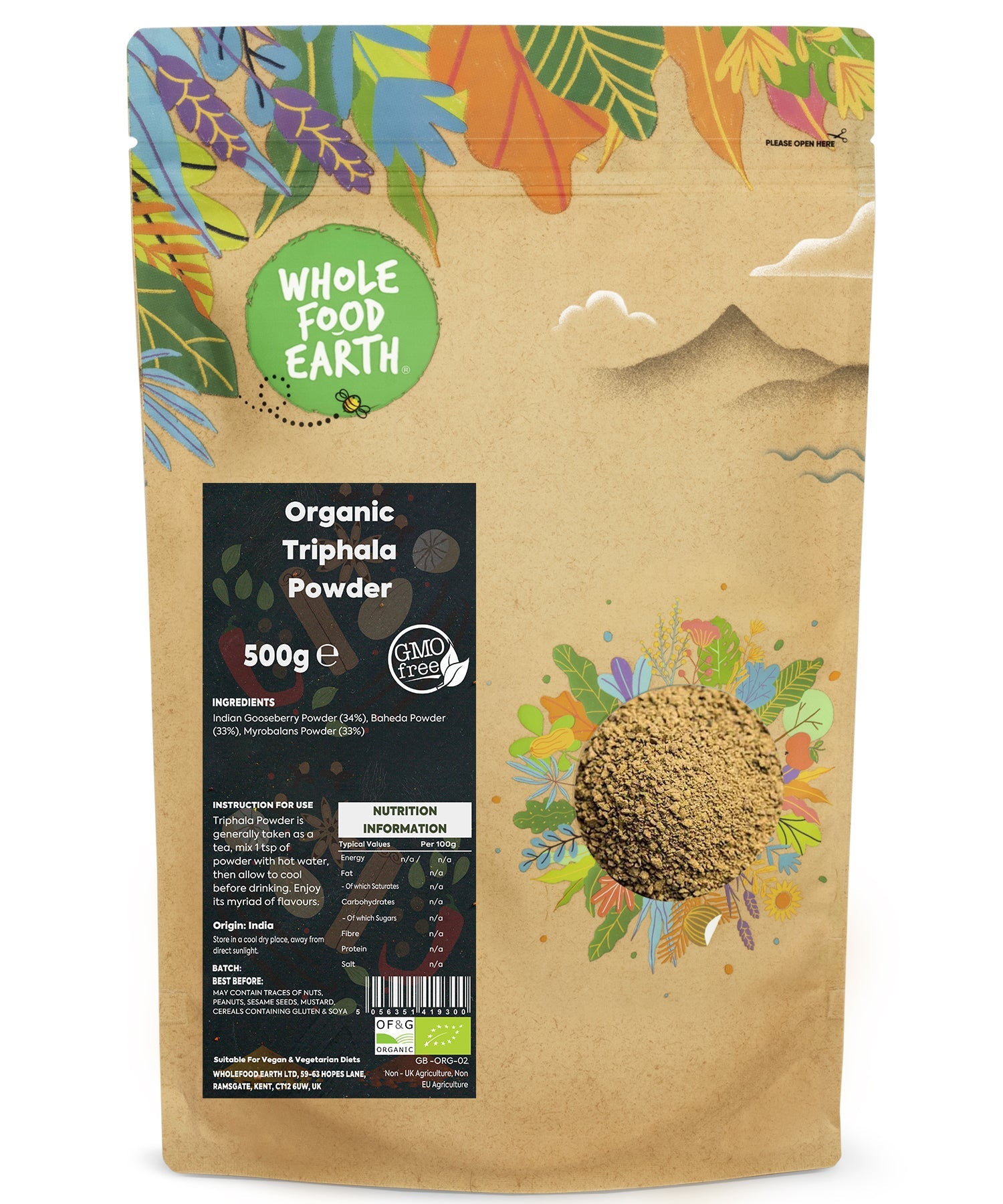 Organic Triphala powder from Whole Food Earth, herbal spice blend in a 500g package, used for digestive health and wellness.