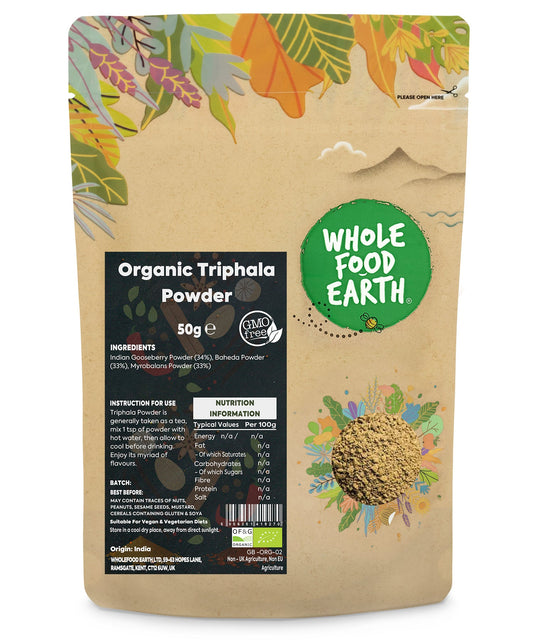 Organic Triphala Powder from Whole Food Earth, a herbal spice blend in a 50g package, shown in a resealable bag.